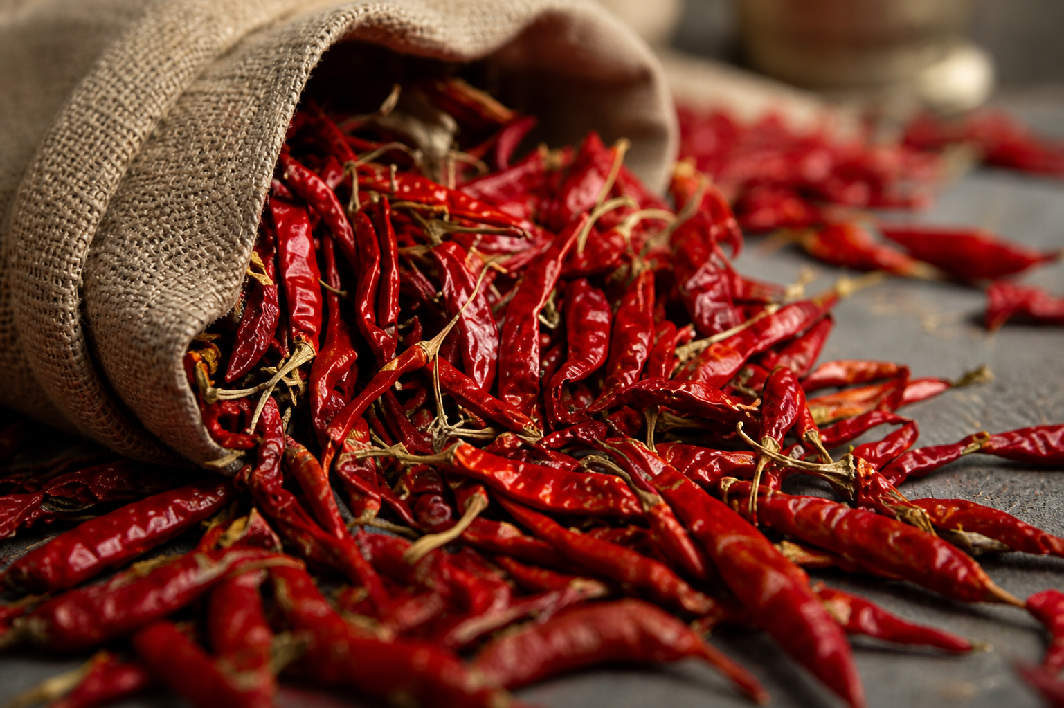 Red chilies spilling from a burlap sack